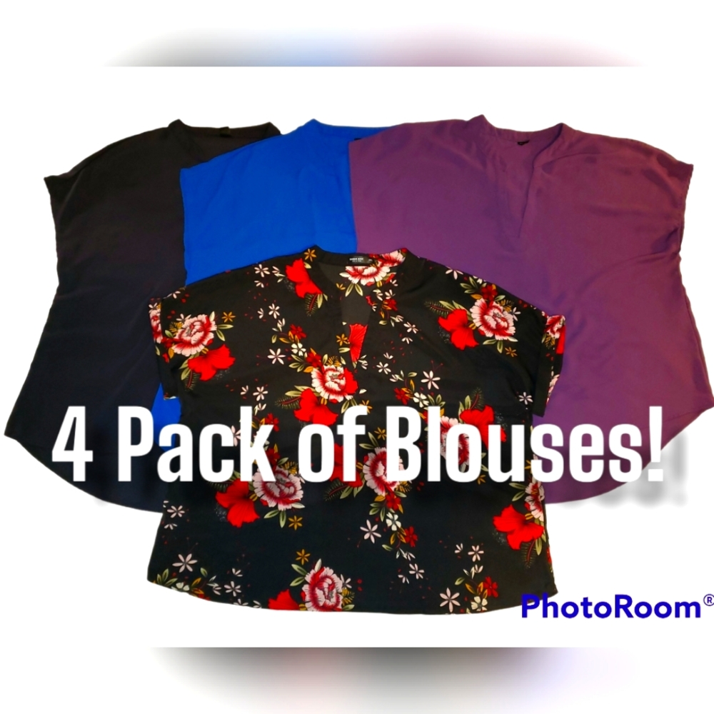 SHEIN Blouse Lot 3XL Black, Blue, Purple, Black Floral Hi-Low Hem Surplice Neck